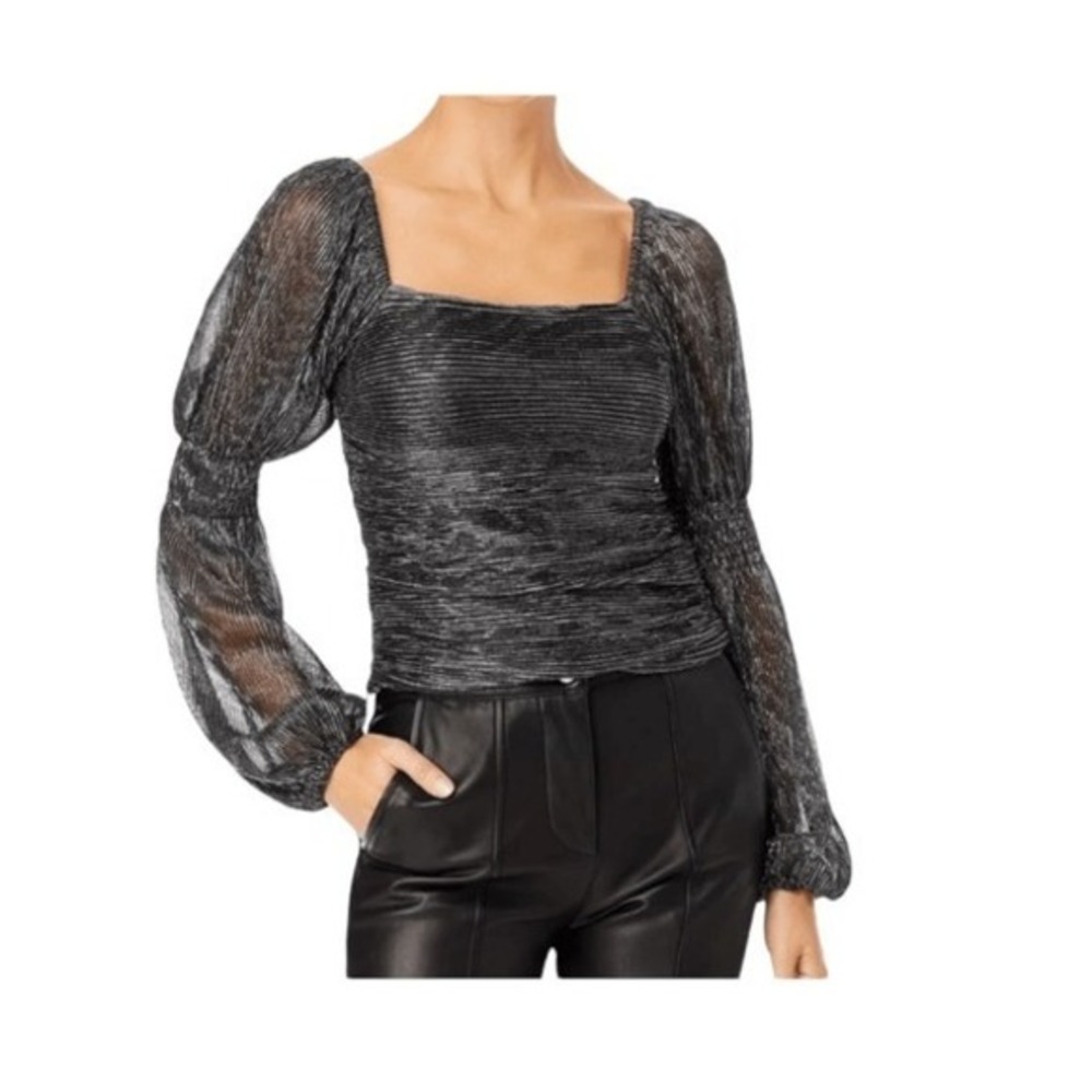 Line & Dot Olivia Mesh Blouse Black Silver Stripe Long Sleeve Metallic S